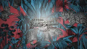 A photo of a wallpaper and logo by Bombshell Tattoo